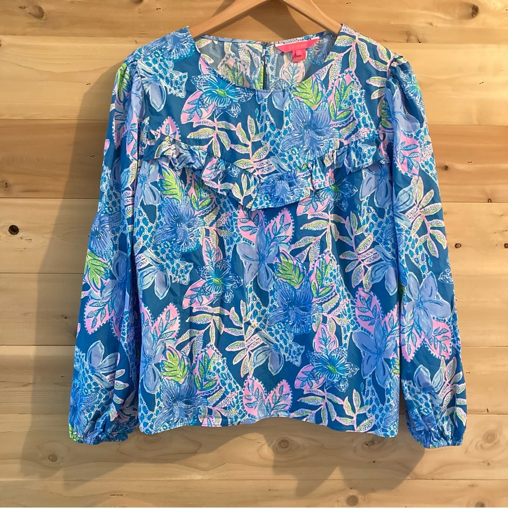 Lilly Pulitzer “Bernadette” macaw blue floral ruffle top blouse